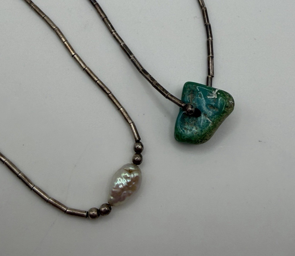 Liquid Silver Tone Tube Beaded Necklace Lot Turquoise & Baroque Freshwater Pearl